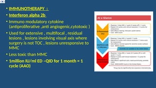 • IMMUNOTHERAPY :
• Interferon alpha 2b
• Immuno modulatory cytokine
(antiproliferative ,anti angiogenic,cytotoxic )
• Used for extensive , multifocal , residual
lesions , lesions involving visual axis where
surgery is not TOC , lesions unresponsive to
MMC
• Less toxic than MMC
• 1million IU/ml ED –QID for 1 month = 1
cycle (AAO)
 