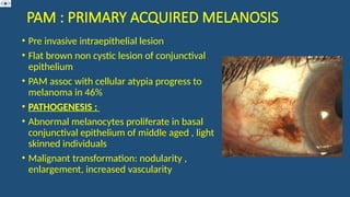PAM : PRIMARY ACQUIRED MELANOSIS
• Pre invasive intraepithelial lesion
• Flat brown non cystic lesion of conjunctival
epithelium
• PAM assoc with cellular atypia progress to
melanoma in 46%
• PATHOGENESIS :
• Abnormal melanocytes proliferate in basal
conjunctival epithelium of middle aged , light
skinned individuals
• Malignant transformation: nodularity ,
enlargement, increased vascularity
 