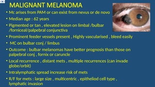 MALIGNANT MELANOMA
• Mc arises from PAM or can exist from nevus or de novo
• Median age : 62 years
• Pigmented or tan , elevated lesion on limbal /bulbar
/forniceal/palpebral conjunctiva
• Prominent feeder vessels present , Highly vascularised , bleed easily
• MC on bulbar conj / limbus
• Outcome : bulbar melanomas have better prognosis than those on
palpebral conj , fornix or caruncle
• Local recurrence , distant mets , multiple recurrences (can invade
globe/orbit)
• Intralymphatic spread increase risk of mets
• R/F for mets : large size , multicentric , epitheliod cell type ,
lymphatic invasion
 