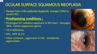 OCULAR SURFACE SQUAMOUS NEOPLASIA
• Ranges from mild epithelial dysplastic changes (CIN) to
severe SCC
• Predisposing conditions :
• Prolonged UV radiation exposure (2-4hr/day) : damages
DNA , tumor suppressor genes
• Vit A deficiency
• HIV , HPV (6,11)
• More common , aggressive in HIV , xeroderma
pigmentosa
 