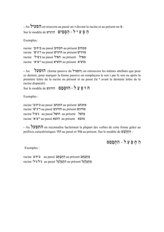 - Au ‫ הפעיל‬on trouvera au passé un ‫ ה‬devant la racine et au présent un ‫. מ‬
Sur le modèle de ‫ה פ ע י ל = הםםים הרגּיש‬
                   ִ ִ    ְִִ          ִ ְ ִ
Exemples:

racine   '‫ כ'ת'ב‬au passé ‫ הכתיב‬au présent ‫מכתיב‬
racine   '‫ ר'ג'ש‬au passé ‫ הרגיש‬au présent ‫מרגיש‬
racine    '‫ נ'פ'ל‬au passé ‫ הפּיל‬au présent ‫מפּיל‬
racine   '‫ י'צ'א‬au passé ‫ הוֹציא‬au présent ‫מוֹציא‬

- Au     ‫הוּפעל‬      (forme passive du ‫ )הפעיל‬on retrouvera les mêmes attributs que pour
ce dernier, pour marquer la forme passive on remplacera le son i par le son ou aprés la
première lettre de la racine au présent et au passé (le ‫ י‬avant la dernière lettre de la
racine disparaît) .
Sur le modèle de ‫הוּרגש‬       ‫ה וּ פ ע ל = הוּםםם‬
                              ְַ       ַ ְ
Exemples :

racine '‫ כ'ת'ב‬au passé ‫ הוּכתב‬au présent ‫מוּכתב‬
racine '‫ ר'ג'ש‬au passé ‫ הוּרגש‬au présent ‫מוּרגש‬
racine ‫ נ'פ'ל‬au passé ‫ הוּפּל‬au présent ‫מוֹפל‬
racine '‫ י'צ'א‬au passé ‫ הוּצא‬au présent ‫מוּצא‬

- Au   ‫התפעל‬    on reconnaîtra facilement la plupart des verbes de cette forme grâce au
préfixes caractéristiques '‫ הת‬au passé et '‫ מת‬au présent. Sur le modèle de ‫: התלבּש‬
                                                                            ֵַ ְ ִ

                                                              ‫ה ת פּ ע ל = התםםם‬
                                                               ְֵַ ִ    ֵ ַ ְ ִ
Exemples :

racine ‫ כ'ת'ב‬au passé ‫ התכּתּב‬au présent ‫מתכּתּב‬
                          ְֵַ ִ                 ְֵַ ִ
racine '‫ ג'ל'ג'ל‬au passé ‫ ה ְ גּ ְ גּל‬au présent ‫מ ְ גּ ְ גּל‬
                          ֵ‫ִ תַ ל‬               ֵ‫ִ תַ ל‬
 