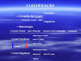 C LA S S IFIC A Ç ÃO

                                              Pos itivas
      • C orante de G ram
              C hris tian G ram - 1884
                                              Negativas

       Metodologia
C orante Violeta    iodo (fixação)       metanol (des coloração)   S afranina

                           Paede Cel a + espessa
                             r     ul r
 G ram Pos itivas         F m o 1 º cor nt
                            ixa         ae
                           A ou V et
                            zul iol a
    Conta e
       r st
                           Paede Cel a - espessa
                             r     ul r
 G ram Negativas          Descol a s
                                or da         F m o 2° cor nt
                                               ixa        ae

                           V mel
                            er ho
 