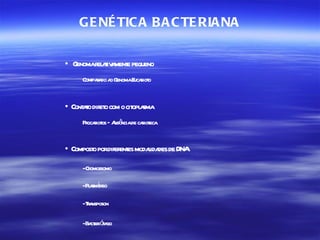 GE NÉ TIC A B A C TE RIA NA

• Genomar aiv ment pequeno
         el t a e
     Compaa a G
          r do o enomaE r o
                       ucaiot


• Cont t dir o com o cit a
     ao et             opl sma
     Pr r os – A ê de caiot
       ocaiot   us ncia r eca


• Compost pordifer modaida de DNA
        o         entes l des

     -Cromossomo

     -Pl smídeo
       a

     -Ta
       r nsposon

     -Ba eró go
        ct i fa
 