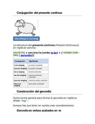 Conjugación del presente continuo
La estructura del presente continuo (Present Continuous)
en inglés es sencilla:
[SUJETO] + am/are/is (verbo to be) + [ VERBO CON -
ING ( gerundio)]
Conjugación Significado
I am singing yo estoy cantando
you are singing tú estás cantando
he is singing él está cantando
we are singing nosotros estamos
cantando
you are singing vosotros estáis cantando
they are
singing
ellos están cantando
Construcción del gerundio
Como norma general para formar el gerundio en inglés se
añade "-ing" .
Aunque hay que tener en cuenta unas consideraciones:
Gerundioen verbos acabados en -ie
 