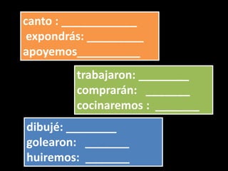 canto : ____________
expondrás: _________
apoyemos__________
trabajaron: ________
comprarán: _______
cocinaremos : _______
dibujé: ________
golearon: _______
huiremos: _______
 