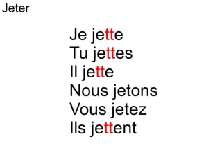 Je je tt e Tu je tt es Il je tt e Nous jetons Vous jetez Ils je tt ent Jeter 