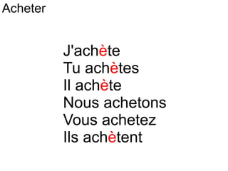J'ach è te Tu ach è tes Il ach è te Nous achetons Vous achetez Ils ach è tent Acheter 
