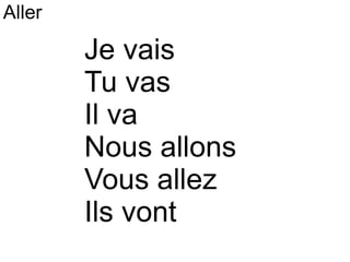 Je vais Tu vas Il va Nous allons Vous allez Ils vont Aller 