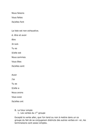 Nous faisons

Vous faites

Ils/elles font



La liste est non exhaustive.

d. être et avoir

être

Je suis

Tu es

Il/elle est

Nous sommes

Vous êtes

Ils/elles sont



Avoir

J’ai

Tu as

Il/elle a

Nous avons

Vous avez

Ils/elles ont



   B. Le futur simple
      1. Les verbes du 1er groupe

   Excepté le verbe aller, que l’on tend ou non à mettre dans un ce
   groupe du fait de sa conjugaison distincte des autres verbes en –er, les
   terminaisons sont assez simples.
 