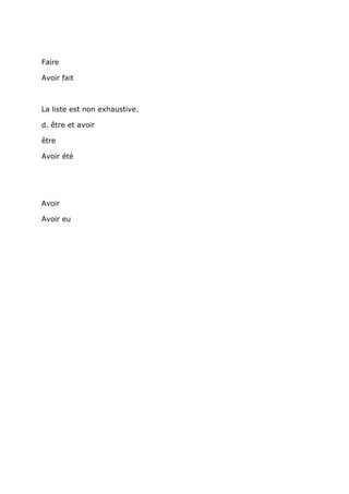 Faire

Avoir fait



La liste est non exhaustive.

d. être et avoir

être

Avoir été




Avoir

Avoir eu
 
