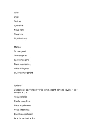 Aller

J’irai

Tu iras

Il/elle ira

Nous irons

Vous irez

Ils/elles iront



Manger

Je mangerai

Tu mangeras

Il/elle mangera

Nous mangerons

Vous mangerez

Ils/elles mangeront




Appeler

J’appellerai (devant un verbe commençant par une voyelle « je »
devient « j’ »

Tu appelleras

Il /elle appellera

Nous appellerons

Vous appellerez

Ils/elles appelleront

Le « l » devient « ll »
 