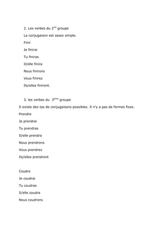 2. Les verbes du 2nd groupe

   La conjugaison est assez simple.

   Finir

   Je finirai

   Tu finiras

   Il/elle finira

   Nous finirons

   Vous finirez

   Ils/elles finiront.



   3. les verbes du 3ème groupe

Il existe des tas de conjugaisons possibles. Il n’y a pas de formes fixes.

Prendre

Je prendrai

Tu prendras

Il/elle prendra

Nous prendrons

Vous prendrez

Ils/elles prendront



Coudre

Je coudrai

Tu coudras

Il/elle coudra

Nous coudrons
 