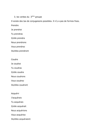 3. les verbes du 3ème groupe

Il existe des tas de conjugaisons possibles. Il n’y a pas de formes fixes.

Prendre

Je prendrai

Tu prendras

Il/elle prendra

Nous prendrons

Vous prendrez

Ils/elles prendront



Coudre

Je coudrai

Tu coudras

Il/elle coudra

Nous coudrons

Vous coudrez

Ils/elles coudront



Acquérir

J’acquérais

Tu acquérais

Il/elle acquérait

Nous acquérions

Vous acquériez

Ils/elles acquéraient
 