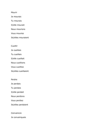 Mourir

Je mourais

Tu mourais

Il/elle mourait

Nous mourions

Vous mouriez

Ils/elles mouraient



Cueillir

Je cueillais

Tu cueillais

Il/elle cueillait

Nous cueillions

Vous cueilliez

Ils/elles cueillaient



Perdre

Je perdais

Tu perdais

Il/elle perdait

Nous perdions

Vous perdiez

Ils/elles perdaient



Convaincre

Je convainquais
 