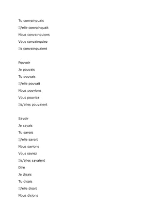 Tu convainquais

Il/elle convainquait

Nous convainquions

Vous convainquiez

Ils convainquaient



Pouvoir

Je pouvais

Tu pouvais

Il/elle pouvait

Nous pouvions

Vous pouviez

Ils/elles pouvaient



Savoir

Je savais

Tu savais

Il/elle savait

Nous savions

Vous saviez

Ils/elles savaient

Dire

Je disais

Tu disais

Il/elle disait

Nous disions
 