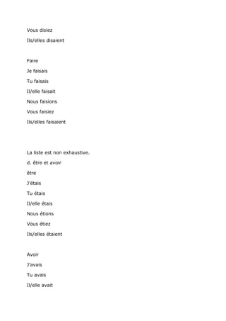 Vous disiez

Ils/elles disaient



Faire

Je faisais

Tu faisais

Il/elle faisait

Nous faisions

Vous faisiez

Ils/elles faisaient




La liste est non exhaustive.

d. être et avoir

être

J’étais

Tu étais

Il/elle étais

Nous étions

Vous étiez

Ils/elles étaient



Avoir

J’avais

Tu avais

Il/elle avait
 