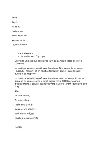 Avoir

J’ai eu

Tu as eu

Il/elle a eu

Nous avons eu

Vous avez eu

Ils/elles ont eu



   G. Futur antérieur
      a.Les verbes du 1er groupe

   On utilise un des deux auxiliaires suivi du participe passé du verbe
   concerné.

   Le participe passé employé avec l’auxiliaire être s’accorde en genre
   (masculin, féminin) et en nombre (singulier, pluriel) avec le sujet
   auquel il se rapporte.

   Le participe passé employé avec l’auxiliaire avoir ne s’accorde pas en
   genre et en nombre avec le sujet mais avec le COD (complément
   d’objet direct) si celui-ci est placé avant le verbe (avant l’auxiliaire bien
   sûr).

   Aller

   Je serai allé (e)

   Tu seras allé(e)

   Il/elle sera allé(e)

   Nous serons allé(e)s

   Vous serez allé(e)s

   Ils/elles seront allé(e)s



   Manger
 