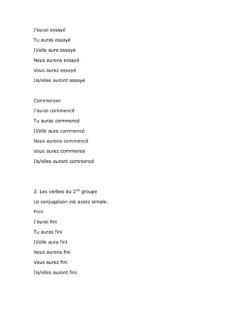 J’aurai essayé

Tu auras essayé

Il/elle aura essayé

Nous aurons essayé

Vous aurez essayé

Ils/elles auront essayé



Commencer

J’aurai commencé

Tu auras commencé

Il/elle aura commencé

Nous aurons commencé

Vous aurez commencé

Ils/elles auront commencé




2. Les verbes du 2nd groupe

La conjugaison est assez simple.

Finir

J’aurai fini

Tu auras fini

Il/elle aura fini

Nous aurons fini

Vous aurez fini

Ils/elles auront fini.
 