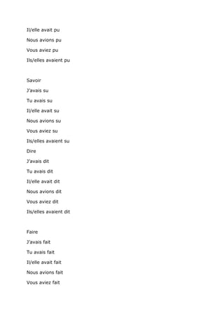 Il/elle avait pu

Nous avions pu

Vous aviez pu

Ils/elles avaient pu



Savoir

J’avais su

Tu avais su

Il/elle avait su

Nous avions su

Vous aviez su

Ils/elles avaient su

Dire

J’avais dit

Tu avais dit

Il/elle avait dit

Nous avions dit

Vous aviez dit

Ils/elles avaient dit



Faire

J’avais fait

Tu avais fait

Il/elle avait fait

Nous avions fait

Vous aviez fait
 