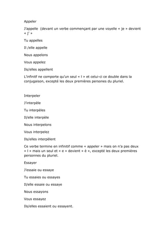 Appeler

J’appelle (devant un verbe commençant par une voyelle « je » devient
« j’ »

Tu appelles

Il /elle appelle

Nous appelons

Vous appelez

Ils/elles appellent

L’infinitf ne comporte qu’un seul « l » et celui-ci ce double dans la
conjugaison, excepté les deux premières persones du pluriel.



Interpeler

J’interpèle

Tu interpèles

Il/elle interpèle

Nous interpelons

Vous interpelez

Ils/elles interpèlent

Ce verbe termine en infinitif comme « appeler » mais on n’a pas deux
« l » mais un seul et « e » devient « è », excepté les deux premières
personnes du pluriel.

Essayer

J’essaie ou essaye

Tu essaies ou essayes

Il/elle essaie ou essaye

Nous essayons

Vous essayez

Ils/elles essaient ou essayent.
 