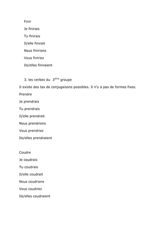 Finir

   Je finirais

   Tu finirais

   Il/elle finirait

   Nous finirions

   Vous finiriez

   Ils/elles finiraient



   3. les verbes du 3ème groupe

Il existe des tas de conjugaisons possibles. Il n’y a pas de formes fixes.

Prendre

Je prendrais

Tu prendrais

Il/elle prendrait

Nous prendrions

Vous prendriez

Ils/elles prendraient



Coudre

Je coudrais

Tu coudrais

Il/elle coudrait

Nous coudrions

Vous coudriez

Ils/elles coudraient
 