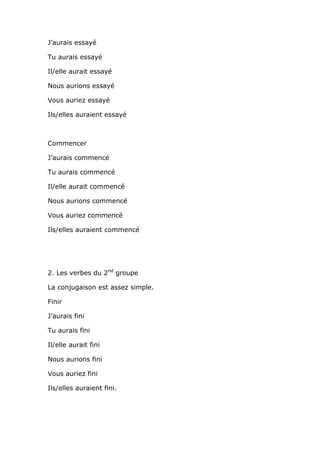 J’aurais essayé

Tu aurais essayé

Il/elle aurait essayé

Nous aurions essayé

Vous auriez essayé

Ils/elles auraient essayé



Commencer

J’aurais commencé

Tu aurais commencé

Il/elle aurait commencé

Nous aurions commencé

Vous auriez commencé

Ils/elles auraient commencé




2. Les verbes du 2nd groupe

La conjugaison est assez simple.

Finir

J’aurais fini

Tu aurais fini

Il/elle aurait fini

Nous aurions fini

Vous auriez fini

Ils/elles auraient fini.
 