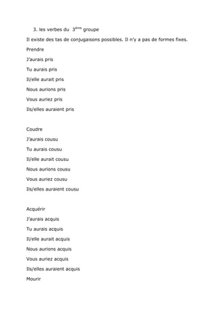 3. les verbes du 3ème groupe

Il existe des tas de conjugaisons possibles. Il n’y a pas de formes fixes.

Prendre

J’aurais pris

Tu aurais pris

Il/elle aurait pris

Nous aurions pris

Vous auriez pris

Ils/elles auraient pris



Coudre

J’aurais cousu

Tu aurais cousu

Il/elle aurait cousu

Nous aurions cousu

Vous auriez cousu

Ils/elles auraient cousu



Acquérir

J’aurais acquis

Tu aurais acquis

Il/elle aurait acquis

Nous aurions acquis

Vous auriez acquis

Ils/elles auraient acquis

Mourir
 