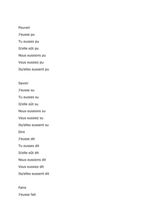 Pouvoir

J’eusse pu

Tu eusses pu

Il/elle eût pu

Nous eussions pu

Vous eussiez pu

Ils/elles eussent pu



Savoir

J’eusse su

Tu eusses su

Il/elle eût su

Nous eussions su

Vous eussiez su

Ils/elles eussent su

Dire

J’eusse dit

Tu eusses dit

Il/elle eût dit

Nous eussions dit

Vous eussiez dit

Ils/elles eussent dit



Faire

J’eusse fait
 