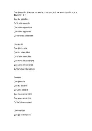 Que j’appelle (devant un verbe commençant par une voyelle « je »
devient « j’ »

Que tu appelles

Qu’il /elle appelle

Que nous appelions

Que vous appeliez

Qu’ils/elles appellent



Interpeler

Que j’interpèle

Que tu interpèles

Qu’il/elle interpèle

Que nous interpelions

Que vous interpeliez

Qu’ils/elles interpèlent



Essayer

Que j’essaie

Que tu essaies

Qu’l/elle essaie

Que nous essayions

Que vous essayiez

Qu’ils/elles essaient



Commencer

Que je commence
 