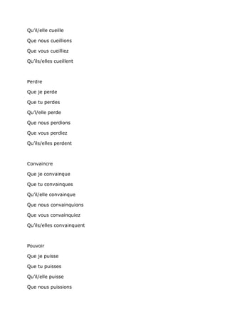 Qu’il/elle cueille

Que nous cueillions

Que vous cueilliez

Qu’ils/elles cueillent



Perdre

Que je perde

Que tu perdes

Qu’l/elle perde

Que nous perdions

Que vous perdiez

Qu’ils/elles perdent



Convaincre

Que je convainque

Que tu convainques

Qu’il/elle convainque

Que nous convainquions

Que vous convainquiez

Qu’ils/elles convainquent



Pouvoir

Que je puisse

Que tu puisses

Qu’il/elle puisse

Que nous puissions
 