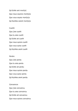 Qu’il/elle soit mort(e)

Que nous soyions mort(e)s

Que vous soyiez mort(e)s

Qu’ils/elles soient mort(e)s



Cueillir

Que j’aie cueilli

Que tu aies cueilli

Qu’il/elle ait cueilli

Que nous ayions cueilli

Que vous ayiez cueilli

Qu’ils/elles aient cueilli



Perdre

Que j’aie perdu

Que tu aies perdu

Qu’il/elle ait perdu

Que nous ayions perdu

Que vous ayiez perdu

Qu’ils/elles aient perdu



Convaincre

Que j’aie convaincu

Que tu aies convaincu

Qu’il/elle ait convaincu

Que nous ayions convaincu
 