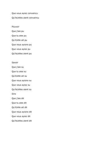 Que vous ayiez convaincu

Qu’ils/elles aient convaincu



Pouvoir

Que j’aie pu

Que tu aies pu

Qu’il/elle ait pu

Que nous ayions pu

Que vous ayiez pu

Qu’ils/elles aient pu



Savoir

Que j’aie su

Que tu aies su

Qu’il/elle ait su

Que nous ayions su

Que vous ayiez su

Qu’ils/elles aient su

Dire

Que j’aie dit

Que tu aies dit

Qu’il/elle ait dit

Que nous ayions dit

Que vous ayiez dit

Qu’ils/elles aient dit
 