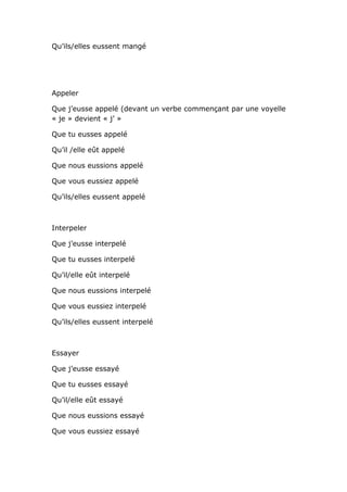 Qu’ils/elles eussent mangé




Appeler

Que j’eusse appelé (devant un verbe commençant par une voyelle
« je » devient « j’ »

Que tu eusses appelé

Qu’il /elle eût appelé

Que nous eussions appelé

Que vous eussiez appelé

Qu’ils/elles eussent appelé



Interpeler

Que j’eusse interpelé

Que tu eusses interpelé

Qu’il/elle eût interpelé

Que nous eussions interpelé

Que vous eussiez interpelé

Qu’ils/elles eussent interpelé



Essayer

Que j’eusse essayé

Que tu eusses essayé

Qu’il/elle eût essayé

Que nous eussions essayé

Que vous eussiez essayé
 