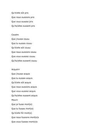 Qu’il/elle eût pris

Que nous eussions pris

Que vous eussiez pris

Qu’ils/elles eussent pris



Coudre

Que j’eusse cousu

Que tu eusses cousu

Qu’il/elle eût cousu

Que nous eussions cousu

Que vous eussiez cousu

Qu’ils/elles eussent cousu



Acquérir

Que j’eusse acquis

Que tu eusses acquis

Qu’il/elle eût acquis

Que nous eussions acquis

Que vous eussiez acquis

Qu’ils/elles eussent acquis

Mourir

Que je fusse mort(e)

Que tu fusses mort(e)

Qu’il/elle fût mort(e)

Que nous fussions mort(e)s

Que vous fussiez mort(e)s
 