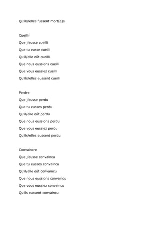 Qu’ils/elles fussent mort(e)s



Cueillir

Que j’eusse cueilli

Que tu eusse cueilli

Qu’il/elle eût cueilli

Que nous eussions cueilli

Que vous eussiez cueilli

Qu’ils/elles eussent cueilli



Perdre

Que j’eusse perdu

Que tu eusses perdu

Qu’il/elle eût perdu

Que nous eussions perdu

Que vous eussiez perdu

Qu’ils/elles eussent perdu



Convaincre

Que j’eusse convaincu

Que tu eusses convaincu

Qu’il/elle eût convaincu

Que nous eussions convaincu

Que vous eussiez convaincu

Qu’ils eussent convaincu
 