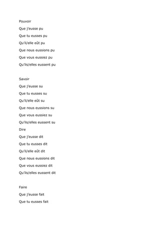 Pouvoir

Que j’eusse pu

Que tu eusses pu

Qu’il/elle eût pu

Que nous eussions pu

Que vous eussiez pu

Qu’ils/elles eussent pu



Savoir

Que j’eusse su

Que tu eusses su

Qu’il/elle eût su

Que nous eussions su

Que vous eussiez su

Qu’ils/elles eussent su

Dire

Que j’eusse dit

Que tu eusses dit

Qu’il/elle eût dit

Que nous eussions dit

Que vous eussiez dit

Qu’ils/elles eussent dit



Faire

Que j’eusse fait

Que tu eusses fait
 