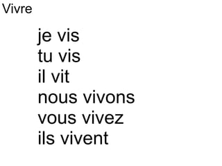 je vis tu vis il vit nous vivons vous vivez ils vivent Vivre
