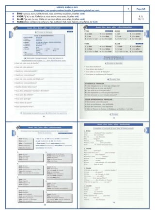 VERBES IRRÉGULIERS
Remarque : ces quatre verbes font la 3e personne pluriel en –ont.
T Page GR
ÊTRE *(je suis,tu es,il/elle/on est,nous sommes,vousêtes,ils/elles sont)
AVOIR *(j’ai, tu as, il/elle/on a,nousavons,vous avez,ils/elles ont)
ALLER *(je vais, tu vas, il/elle,on va,nousallons,vous allez,ils/elles vont)
FAIRE (et ses composés) (je fais,tu fais, il/elle/on fait,nous faisons, vous faites,ils font)
8, 9,
10, 11
 