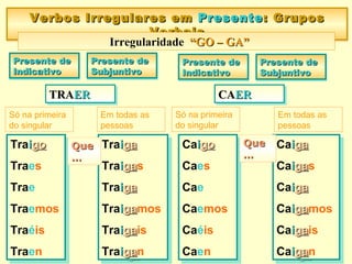 Traiigogo
Traes
Trae
Traemos
Traéis
Traen
Traiigogo
Traes
Trae
Traemos
Traéis
Traen
Verbos Irregulares emVerbos Irregulares em PresentePresente:: GruposGrupos
VerbaisVerbais
Verbos Irregulares emVerbos Irregulares em PresentePresente:: GruposGrupos
VerbaisVerbais
Irregularidade “GO – GA”“GO – GA”
Presente dePresente de
IndicativoIndicativo
Presente dePresente de
IndicativoIndicativo
Presente dePresente de
SubjuntivoSubjuntivo
Presente dePresente de
SubjuntivoSubjuntivo
Traiigaga
Traiigagas
Traiigaga
Traiigagamos
Traiigagais
Traiigagan
Traiigaga
Traiigagas
Traiigaga
Traiigagamos
Traiigagais
Traiigagan
TRATRAERERTRATRAERER
Presente dePresente de
IndicativoIndicativo
Presente dePresente de
IndicativoIndicativo
Presente dePresente de
SubjuntivoSubjuntivo
Presente dePresente de
SubjuntivoSubjuntivo
CACAERERCACAERER
Caiigogo
Caes
Cae
Caemos
Caéis
Caen
Caiigogo
Caes
Cae
Caemos
Caéis
Caen
Caiigaga
Caiigagas
Caiigaga
Caiigagamos
Caiigagais
Caiigagan
Caiigaga
Caiigagas
Caiigaga
Caiigagamos
Caiigagais
Caiigagan
Só na primeira
do singular
QueQue
……
QueQue
……
QueQue
……
QueQue
……
Só na primeira
do singular
Em todas as
pessoas
Em todas as
pessoas
 