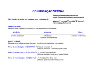 CONJUGAÇÃO VERBAL
                                                             tempo (presente/passado/futuro)
                                                             modo (indicativo/subjuntivo/imperativo)
DEF: flexão do verbo em todas as suas variações de
                                                             pessoa (1ª pessoa/2ª pessoa/ 3ª pessoa)
                                                             número (sigular/plural)

TEMPO VERBAL
Relação entre o evento comunicado e um referencial (o ato de fala)

      pretérito                          presente                               futuro
     _______________________________________._________________________________________
   eventos anteriores                   referencial                     eventos posteriores
                                    eventos concomitantes

MODO VERBAL
Maneira como o falante pretende que o evento comunicado seja interpretado.

Modo da constatação – INDICATIVO – “o mundo como ele é”
                                    Efeito de realidade / certeza / objetividade

Modo da especulação – SUBJUNTIVO – “o mundo como pode ser”
                                 Efeito de hipótese / incerteza / subjetividade

Modo da normatização – IMPERATIVO – “o mundo como deve ser”
                                  Efeito de apelo/conselho/instrução/lei
 