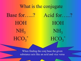 What is the conjugate
Base for…..?
HOH
NH3
HCO3
-
Acid for…..?
HOH
NH3
HCO3
-
When finding the conj base the given
substance acts like an acid and vice versa
 