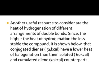  Another useful resource to consider are the
heat of hydrogenation of different
arrangements of double bonds. Since, the
higher the heat of hydrogenation the less
stable the compound, it is shown below that
conjugated dienes ( 54kcal) have a lower heat
of halogenation than their isolated ( 60kcal)
and cumulated diene (70kcal) counterparts.
 