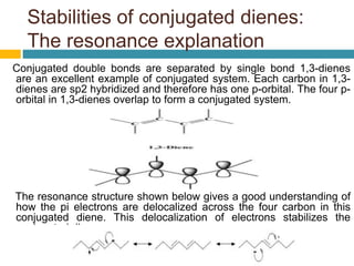 Stabilities of conjugated dienes:
The resonance explanation
Conjugated double bonds are separated by single bond 1,3-dienes
are an excellent example of conjugated system. Each carbon in 1,3-
dienes are sp2 hybridized and therefore has one p-orbital. The four p-
orbital in 1,3-dienes overlap to form a conjugated system.
The resonance structure shown below gives a good understanding of
how the pi electrons are delocalized across the four carbon in this
conjugated diene. This delocalization of electrons stabilizes the
conjugated diene.
 