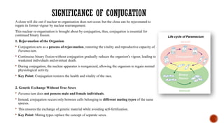 SIGNIFICANCE OF CONJUGATION
A clone will die out if nuclear re-organisation does not occur, but the clone can be rejuvenated to
regain its former vigour by nuclear rearrangement.
This nuclear re-organisation is brought about by conjugation, thus, conjugation is essential for
continued binary fission.
1. Rejuvenation of the Organism
 Conjugation acts as a process of rejuvenation, restoring the vitality and reproductive capacity of
Paramecium.
 Continuous binary fission without conjugation gradually reduces the organism's vigour, leading to
weakened individuals and eventual death.
 During conjugation, the nuclear apparatus is reorganized, allowing the organism to regain normal
physiological activity.
 Key Point: Conjugation restores the health and vitality of the race.
2. Genetic Exchange Without True Sexes
 Paramecium does not possess male and female individuals.
 Instead, conjugation occurs only between cells belonging to different mating types of the same
species.
 This ensures the exchange of genetic material while avoiding self-fertilization.
 Key Point: Mating types replace the concept of separate sexes.
 