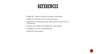 REFERENCES
 Kotpal, R.L. Modern Textbook of Zoology: Invertebrates.
 Jordan, E.L. & Verma, P.S. Invertebrate Zoology.
 Sonneborn, T.M. Breeding Systems, Reproduction, and Genetics of
Paramecium.
 Prescott, L.M., Harley, J.P. & Klein, D.A. Microbiology.
 Campbell, N.A. et al. Campbell Biology.
 Kudo, R.R. Protozoology.
 