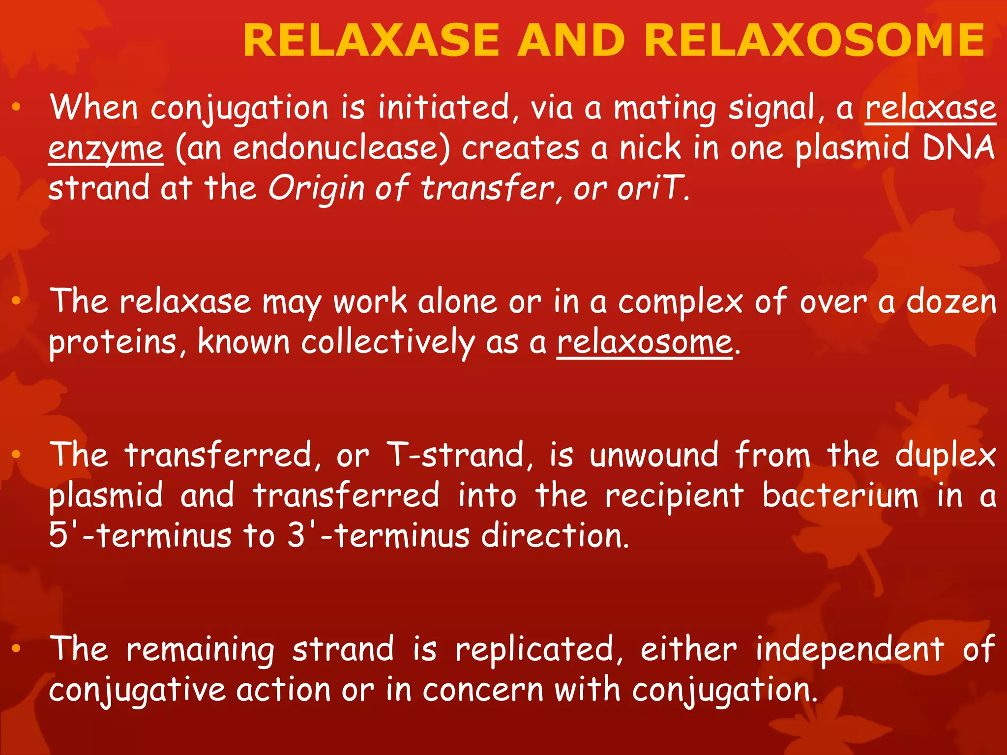 RELAXASE AND RELAXOSOME 
• When conjugation is initiated, via a mating signal, a relaxase 
enzyme (an endonuclease) creates a nick in one plasmid DNA 
strand at the Origin of transfer, or oriT. 
• The relaxase may work alone or in a complex of over a dozen 
proteins, known collectively as a relaxosome. 
• The transferred, or T-strand, is unwound from the duplex 
plasmid and transferred into the recipient bacterium in a 
5'-terminus to 3'-terminus direction. 
• The remaining strand is replicated, either independent of 
conjugative action or in concern with conjugation. 
 