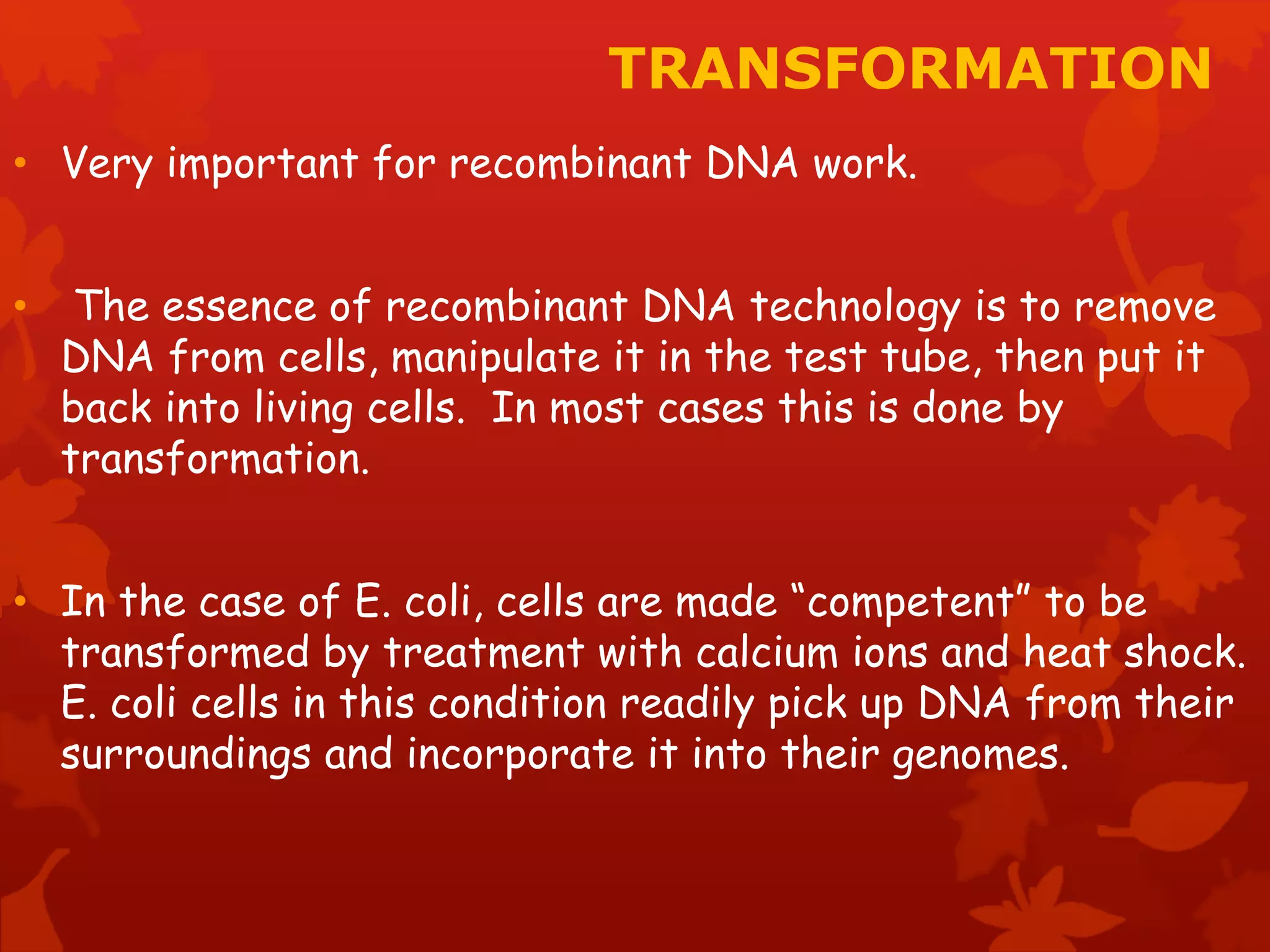 TRANSFORMATION 
• Very important for recombinant DNA work. 
• The essence of recombinant DNA technology is to remove 
DNA from cells, manipulate it in the test tube, then put it 
back into living cells. In most cases this is done by 
transformation. 
• In the case of E. coli, cells are made “competent” to be 
transformed by treatment with calcium ions and heat shock. 
E. coli cells in this condition readily pick up DNA from their 
surroundings and incorporate it into their genomes. 
 