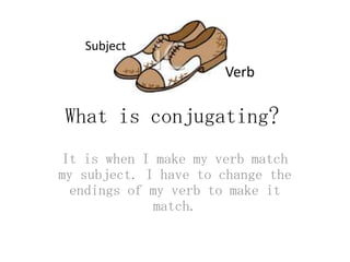 Subject
                      Verb

What is conjugating?
It is when I make my verb match
my subject. I have to change the
 endings of my verb to make it
             match.
 