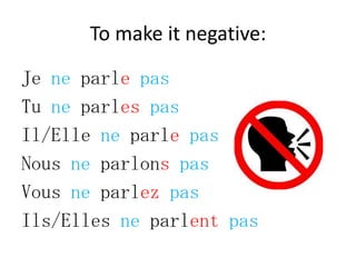 To make it negative:

Je ne parle pas
Tu ne parles pas
Il/Elle ne parle pas
Nous ne parlons pas
Vous ne parlez pas
Ils/Elles ne parlent pas
 