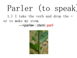 Parler (to speak)
  1.) I take the verb and drop the –
er to make my stem.
        --->parler : stem: parl-
 